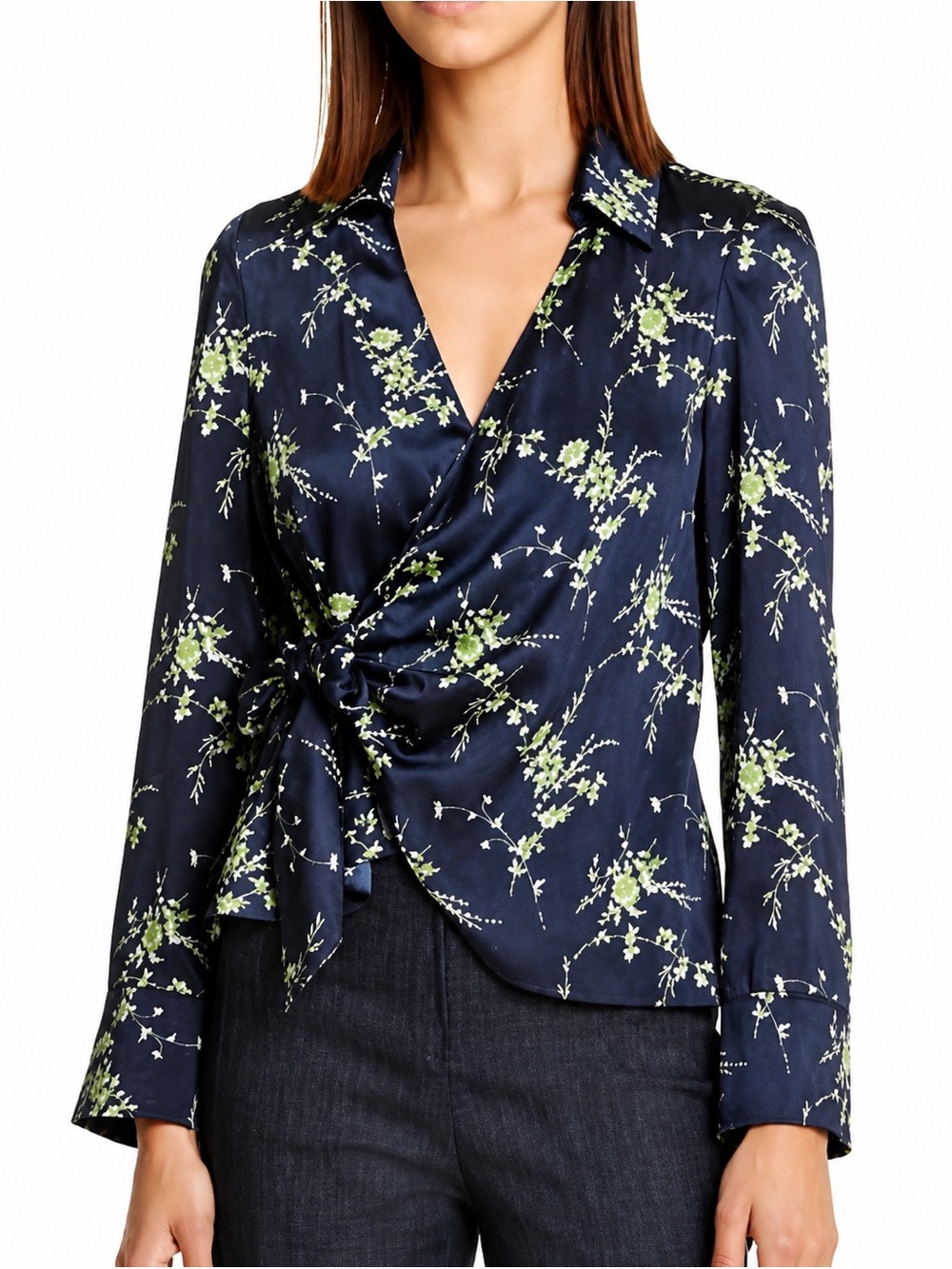cinq a sept Navy Fleur Rou Satin Wrap Blouse with Green Print